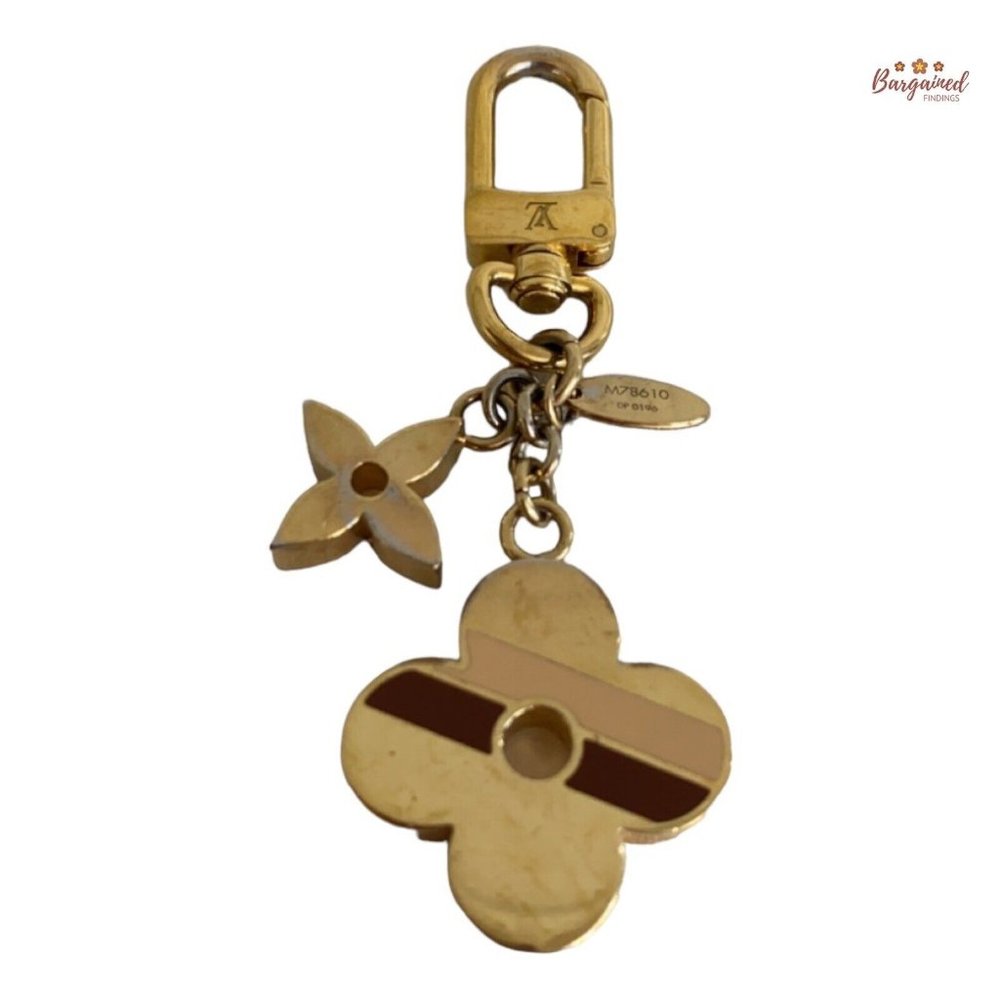 Authentic LOUIS VUITTON Gold Stripes Monogram Flowers Keyring Bag Charm M78610